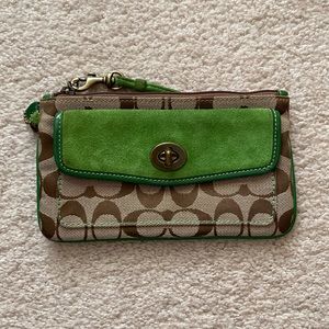 Green Coach Bag with strap. Wristlet signature Coach print.